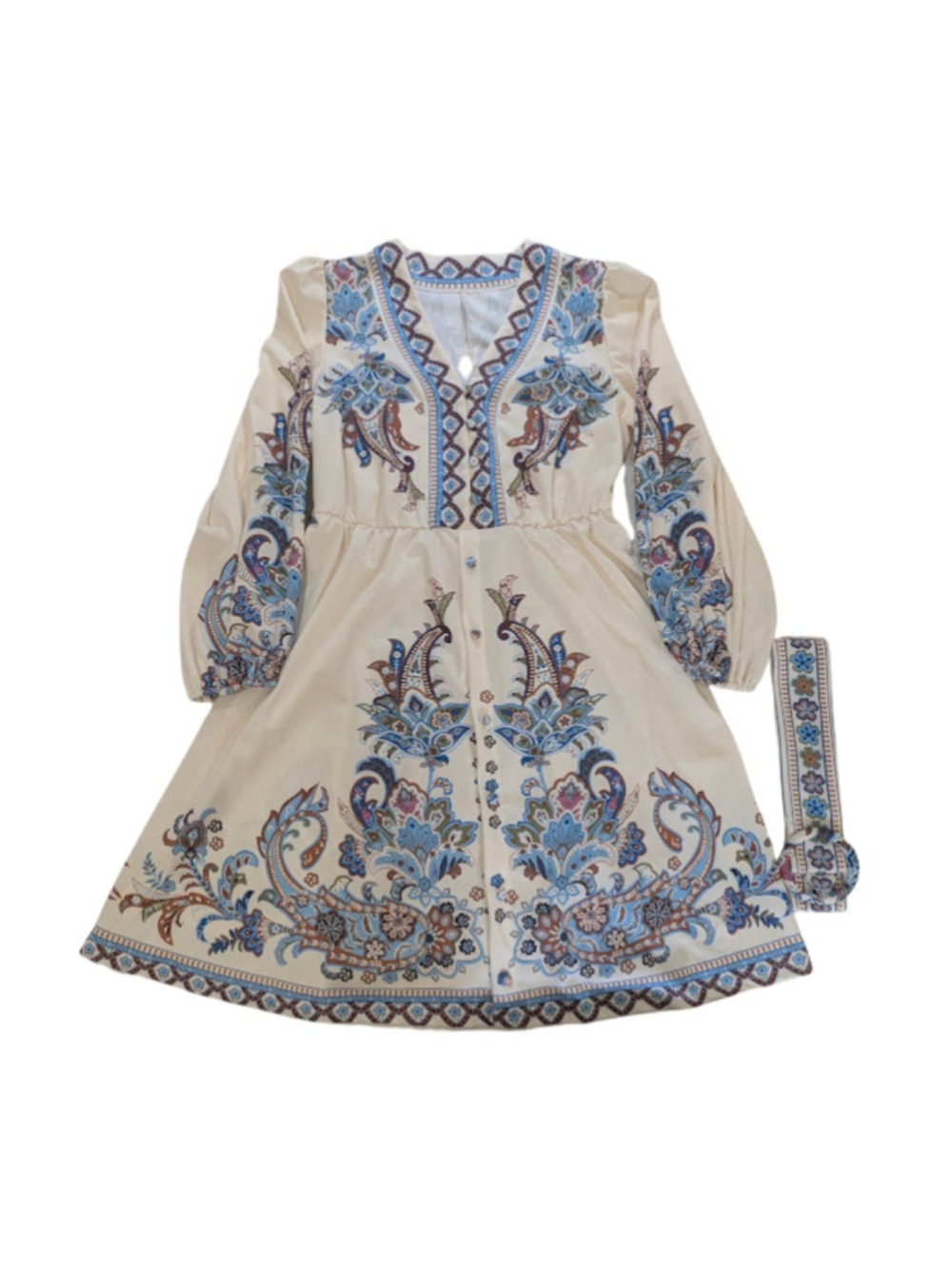Paisley Belted Fit & Flare Dress Blue Ivory Boho Long Sleeve Size M - Picture 6 of 12